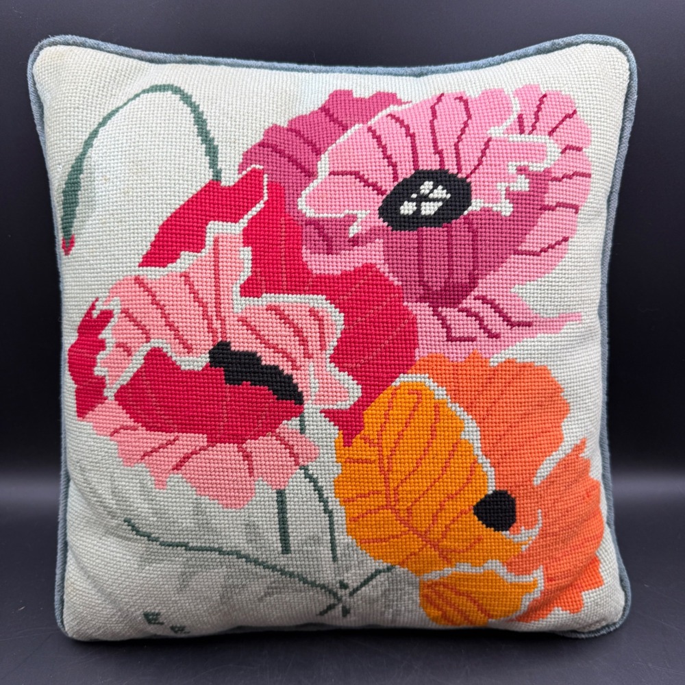 Vtg Needlepoint Poppy Floral Throw Pillow 12x12 Velvet Back Boho Cottage Artsy